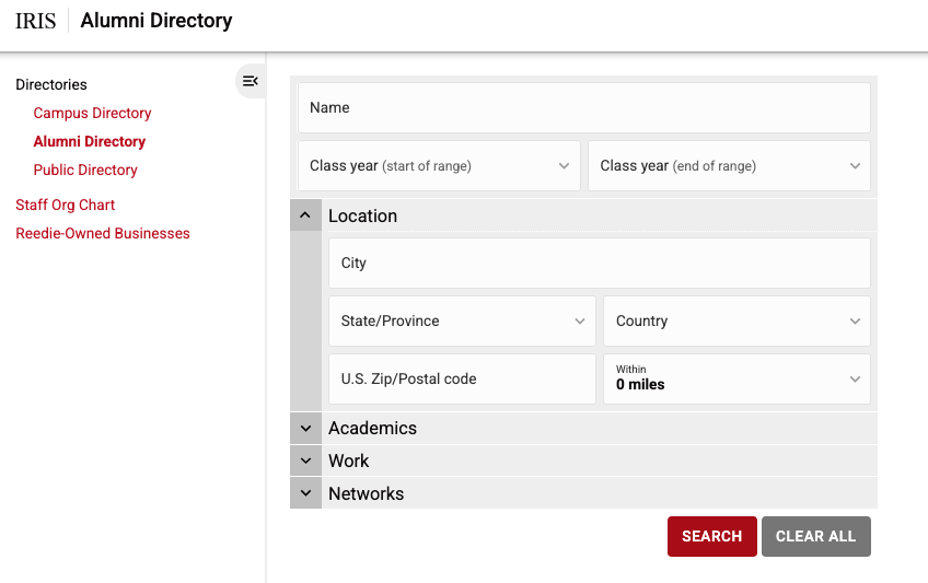 A screenshot of the home page of the Alumni Directory in IRIS, with search fields
